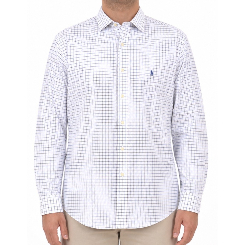 Polo Ralph Lauren Dress Shirt Men XLT White Plaid Cotton Classic Fit Business